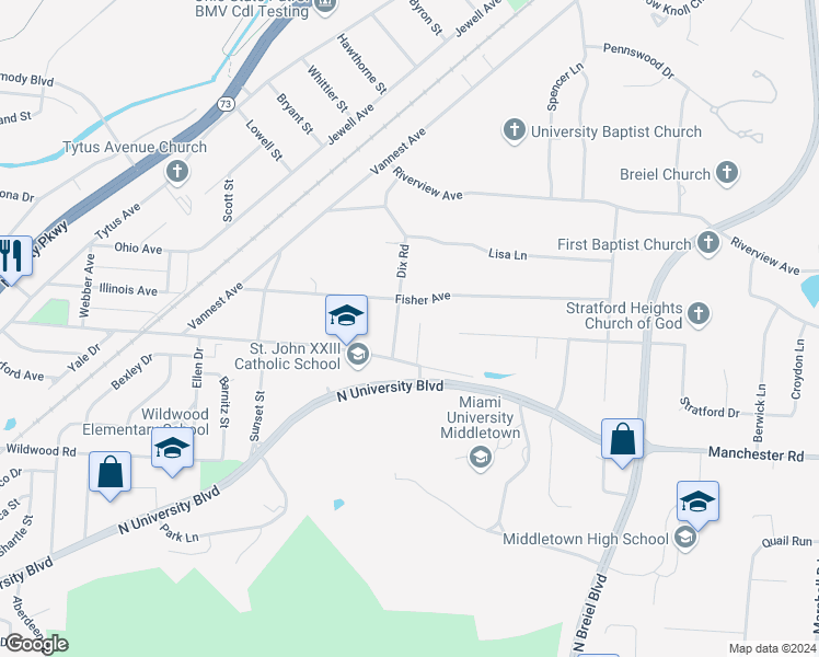 map of restaurants, bars, coffee shops, grocery stores, and more near 1615 Dix Road in Middletown