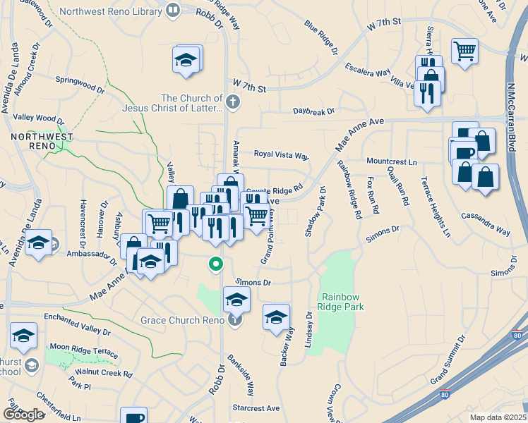 map of restaurants, bars, coffee shops, grocery stores, and more near 5910 Mae Anne Ave in Reno