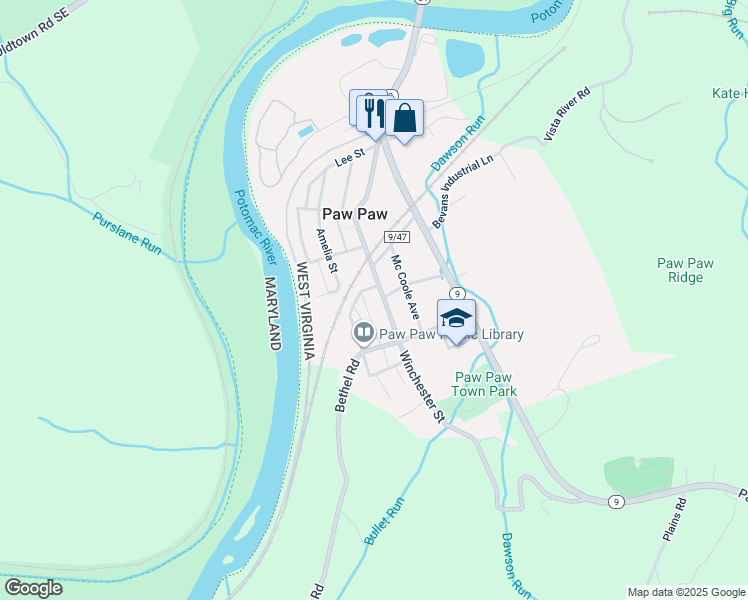 map of restaurants, bars, coffee shops, grocery stores, and more near 362 Winchester Street in Paw Paw