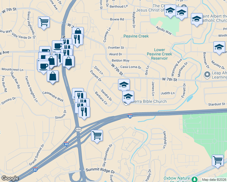 map of restaurants, bars, coffee shops, grocery stores, and more near 3480 Rauscher Drive in Reno