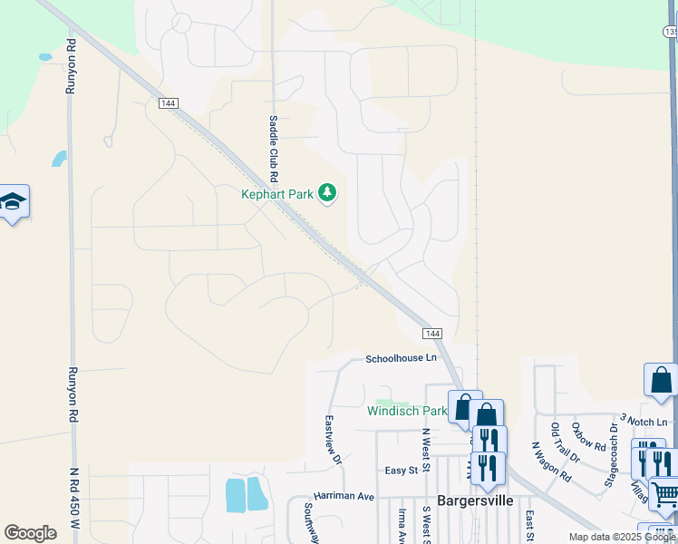 map of restaurants, bars, coffee shops, grocery stores, and more near 3821 West Co Road 144 in Bargersville