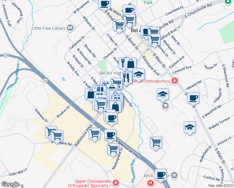 map of restaurants, bars, coffee shops, grocery stores, and more near 401 Baltimore Pike in Bel Air