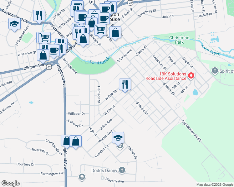map of restaurants, bars, coffee shops, grocery stores, and more near 227 West Oak Street in Washington Court House