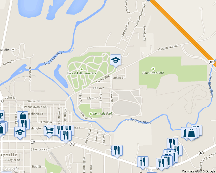map of restaurants, bars, coffee shops, grocery stores, and more near 834 Fair Avenue in Shelbyville