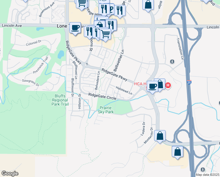 map of restaurants, bars, coffee shops, grocery stores, and more near 10296 Bellwether Lane in Lone Tree