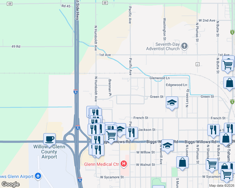 map of restaurants, bars, coffee shops, grocery stores, and more near 1185 Green Street in Willows