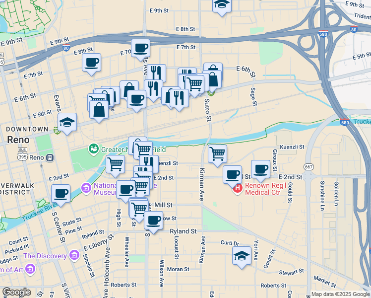 map of restaurants, bars, coffee shops, grocery stores, and more near 805 Kuenzli Street in Reno