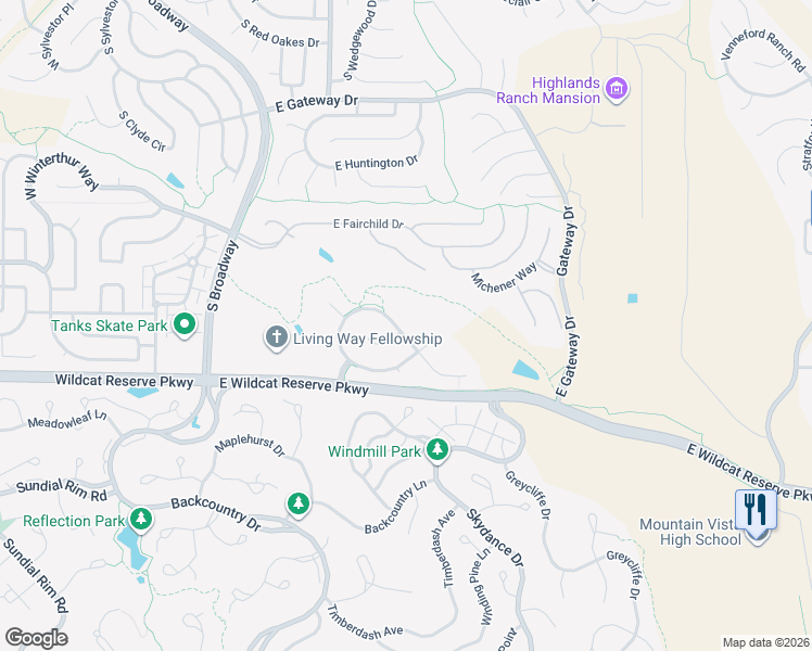 map of restaurants, bars, coffee shops, grocery stores, and more near 594 Ridgemont Circle in Littleton