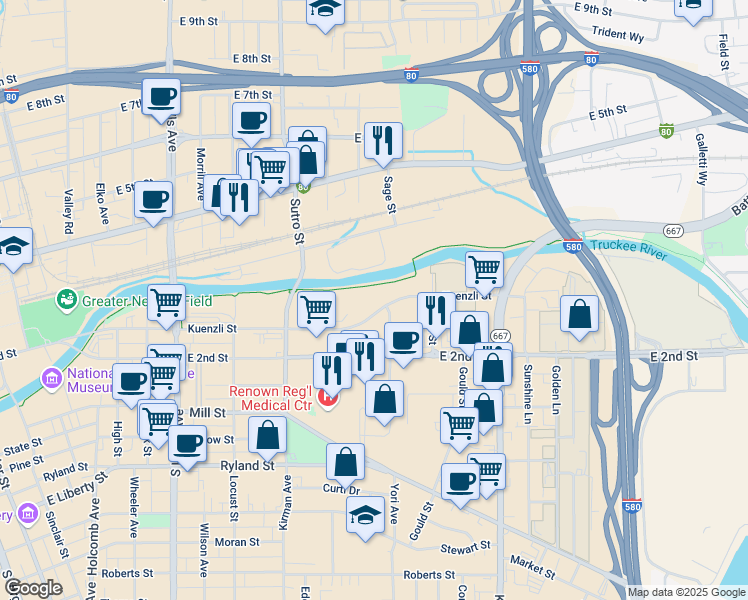 map of restaurants, bars, coffee shops, grocery stores, and more near in Reno