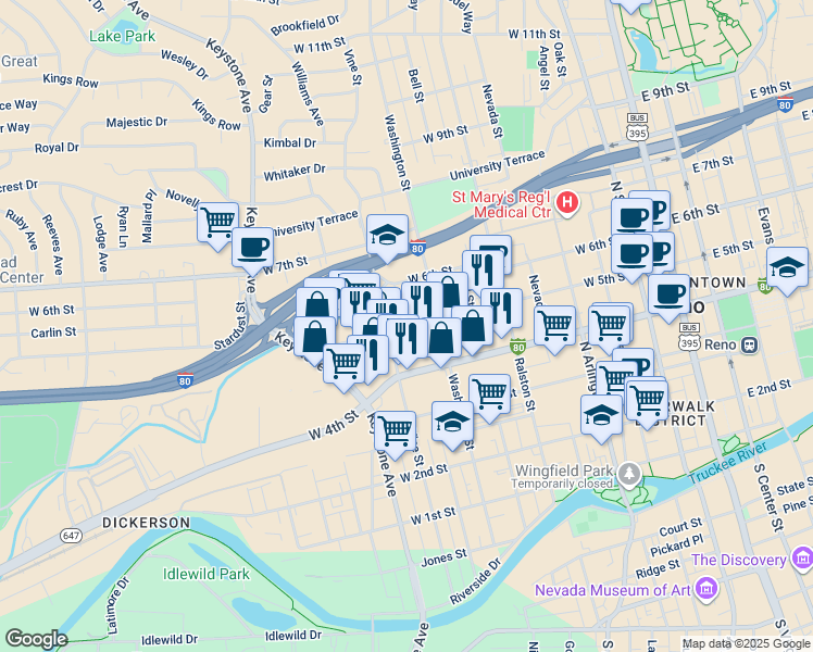 map of restaurants, bars, coffee shops, grocery stores, and more near 719 West 5th Street in Reno