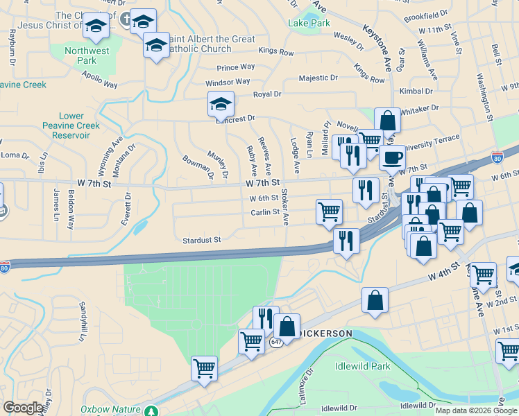 map of restaurants, bars, coffee shops, grocery stores, and more near 1800 West 6th Street in Reno