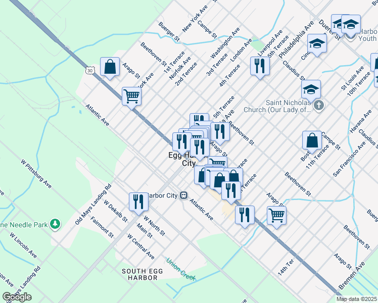 map of restaurants, bars, coffee shops, grocery stores, and more near in Egg Harbor City