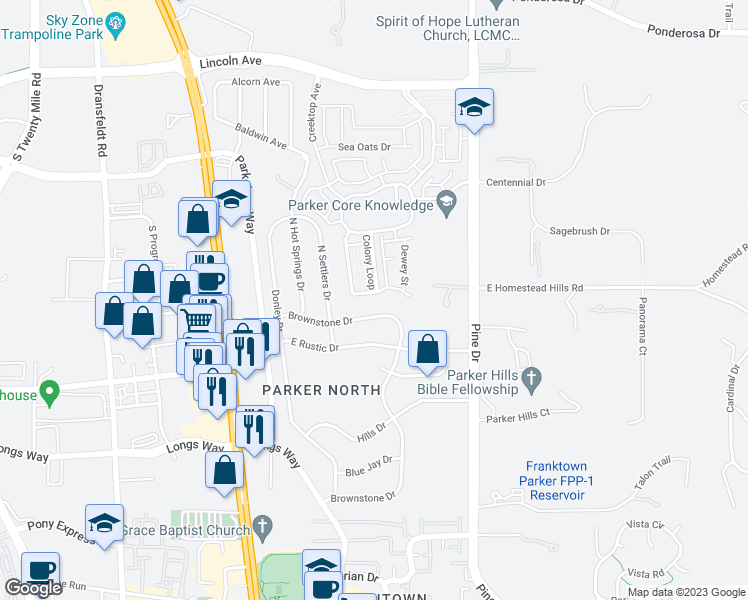 map of restaurants, bars, coffee shops, grocery stores, and more near 11545 Colony Loop in Parker