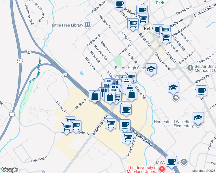 map of restaurants, bars, coffee shops, grocery stores, and more near 106 South Kelly Avenue in Bel Air