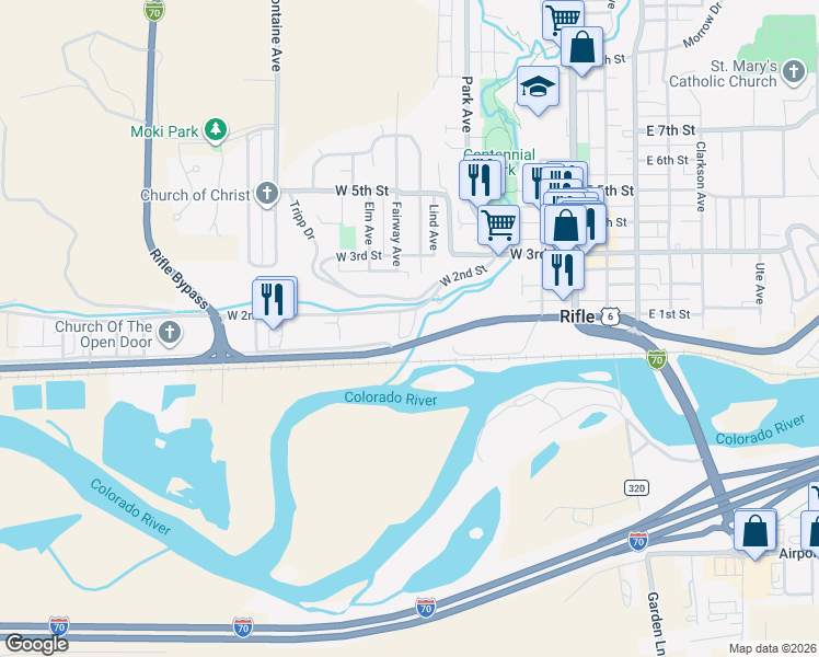 map of restaurants, bars, coffee shops, grocery stores, and more near 755 West 2nd Street in Rifle