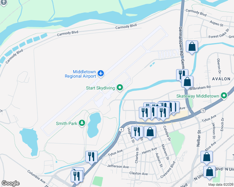 map of restaurants, bars, coffee shops, grocery stores, and more near 1899 Run Way in Middletown