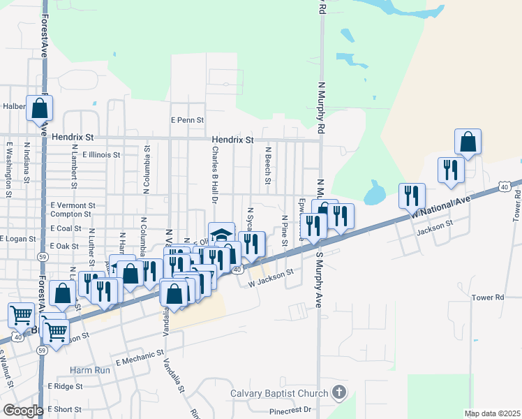 map of restaurants, bars, coffee shops, grocery stores, and more near 1206 East National Avenue in Brazil