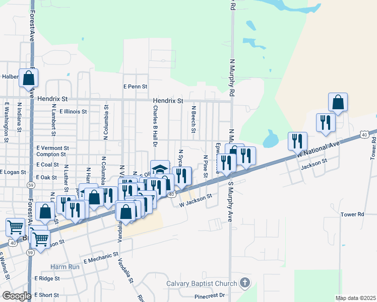 map of restaurants, bars, coffee shops, grocery stores, and more near 1206 East National Avenue in Brazil