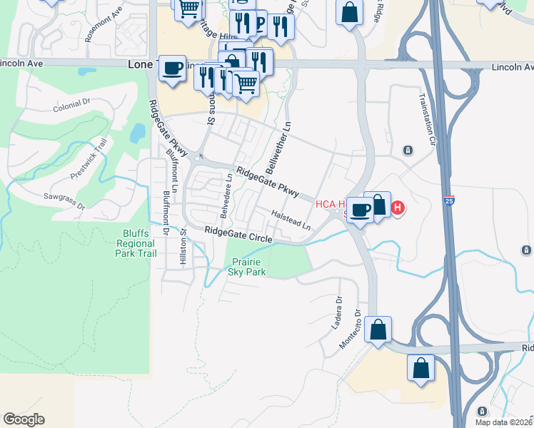 map of restaurants, bars, coffee shops, grocery stores, and more near 9520 Halstead Lane in Lone Tree