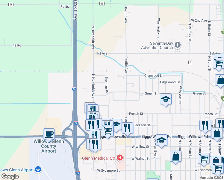 map of restaurants, bars, coffee shops, grocery stores, and more near 1185 Green Street in Willows