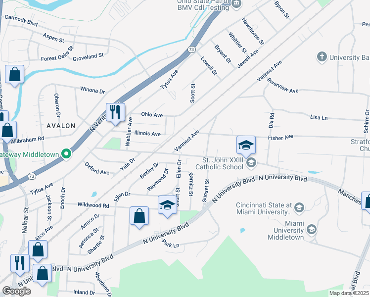 map of restaurants, bars, coffee shops, grocery stores, and more near 3416 Vannest Avenue in Middletown