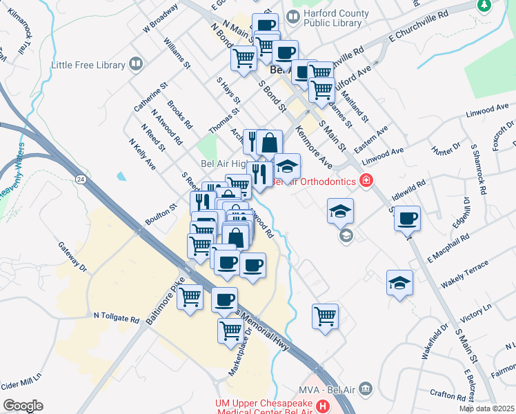map of restaurants, bars, coffee shops, grocery stores, and more near 305 South Atwood Road in Bel Air