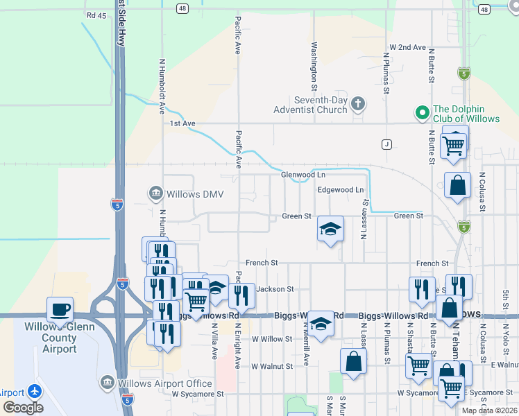 map of restaurants, bars, coffee shops, grocery stores, and more near 1015 Green Street in Willows