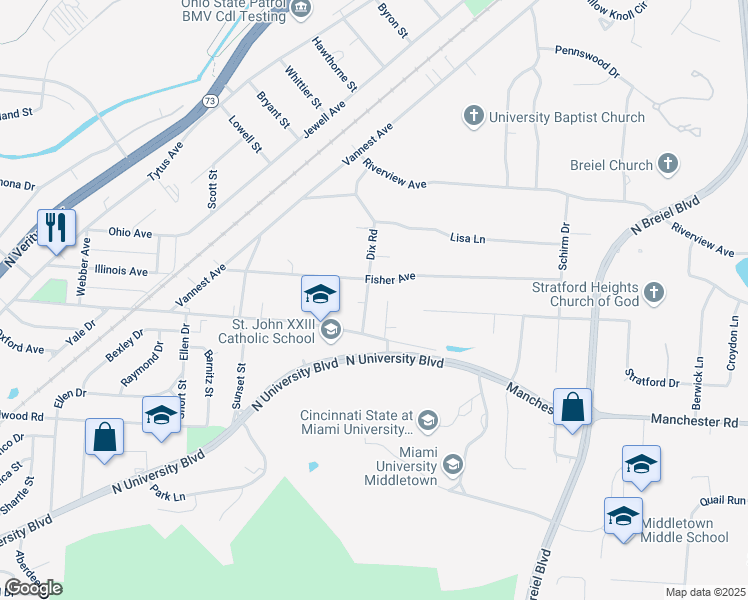 map of restaurants, bars, coffee shops, grocery stores, and more near 1615 Dix Road in Middletown