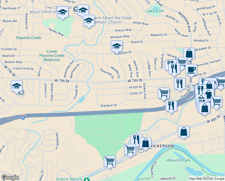 map of restaurants, bars, coffee shops, grocery stores, and more near 2050 West 6th Street in Reno