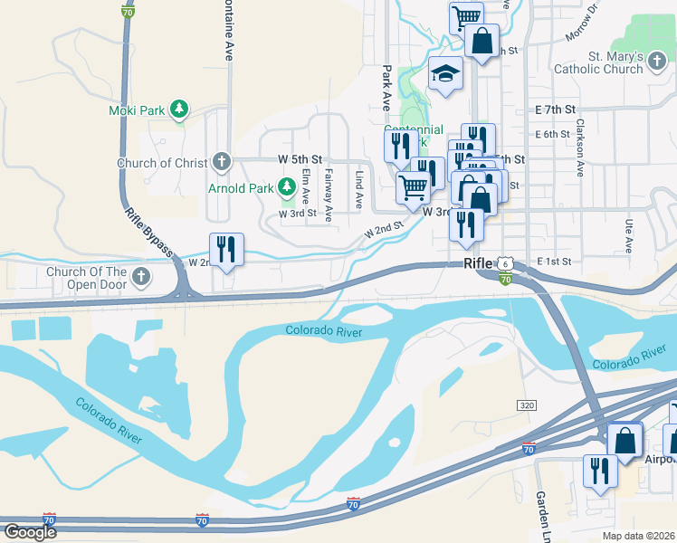 map of restaurants, bars, coffee shops, grocery stores, and more near 755 West 2nd Street in Rifle