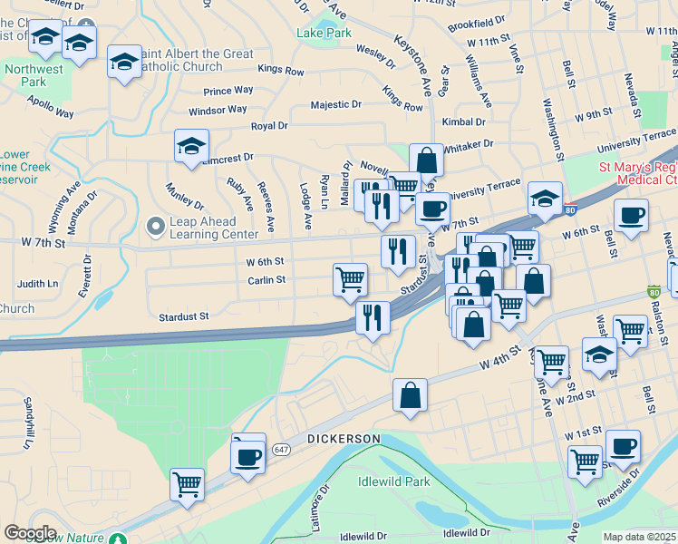 map of restaurants, bars, coffee shops, grocery stores, and more near 1405 Carlin Street in Reno