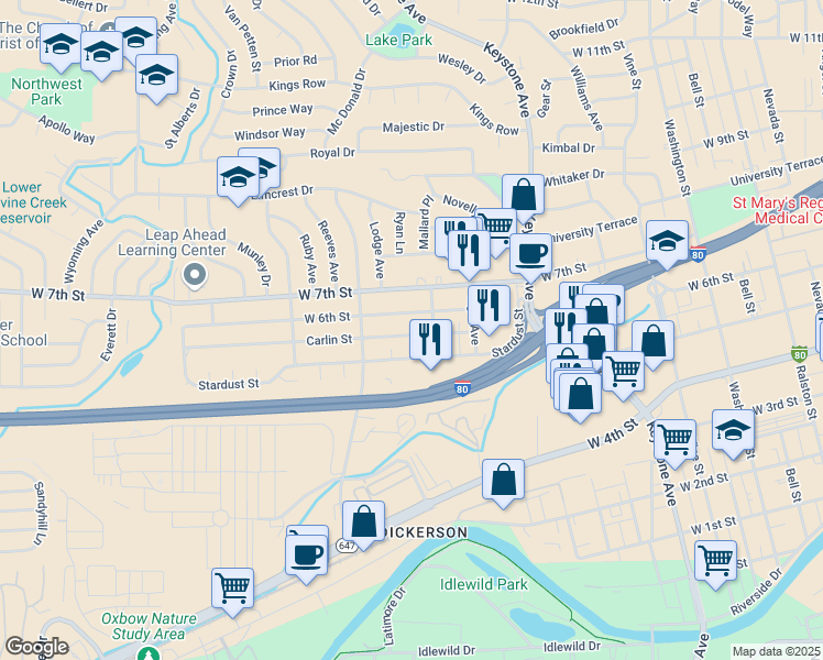 map of restaurants, bars, coffee shops, grocery stores, and more near 1565 Carlin Street in Reno