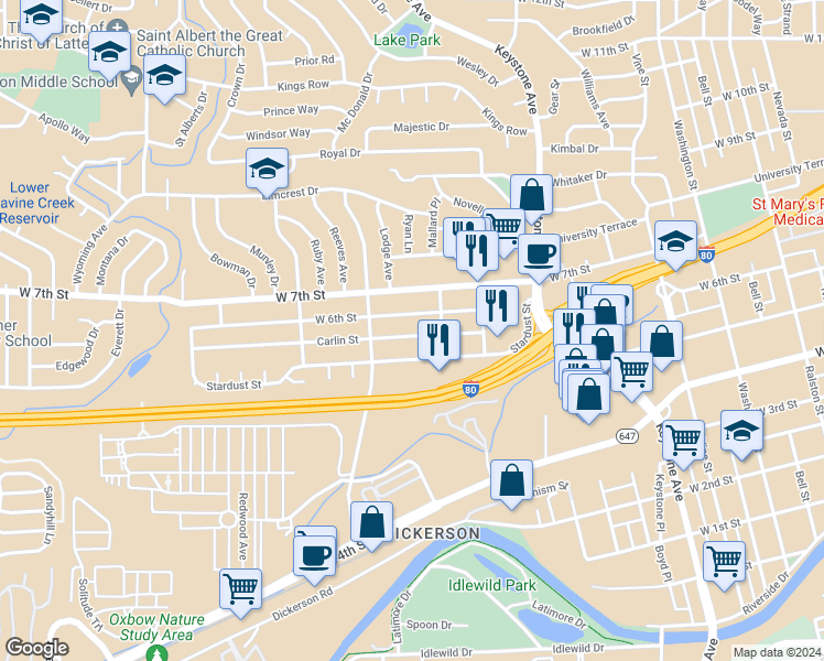 map of restaurants, bars, coffee shops, grocery stores, and more near 1565 Carlin Street in Reno