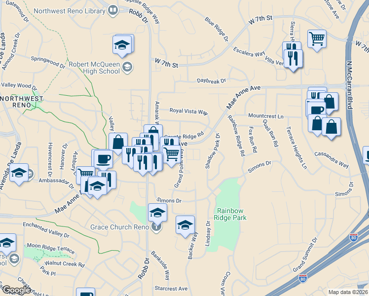 map of restaurants, bars, coffee shops, grocery stores, and more near in Reno