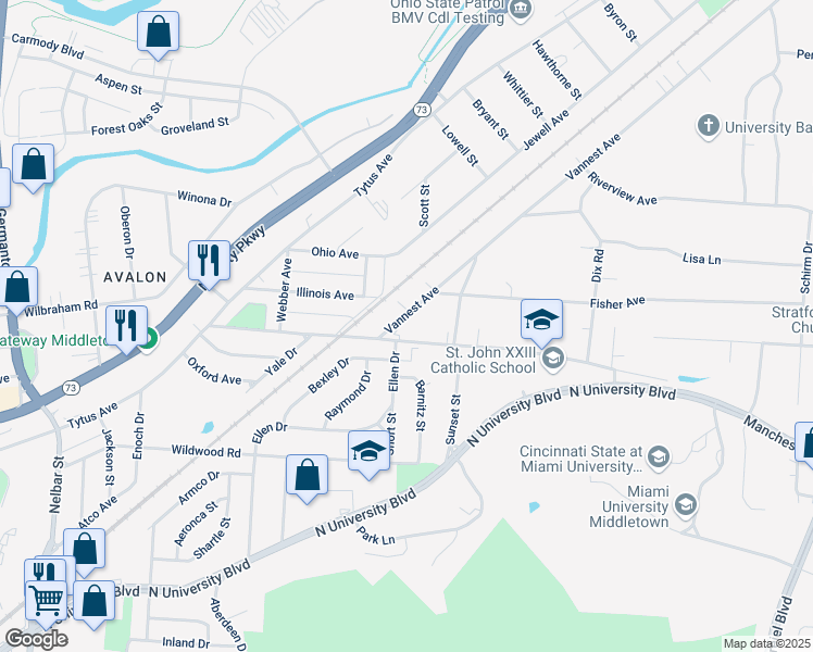 map of restaurants, bars, coffee shops, grocery stores, and more near 3416 Vannest Avenue in Middletown