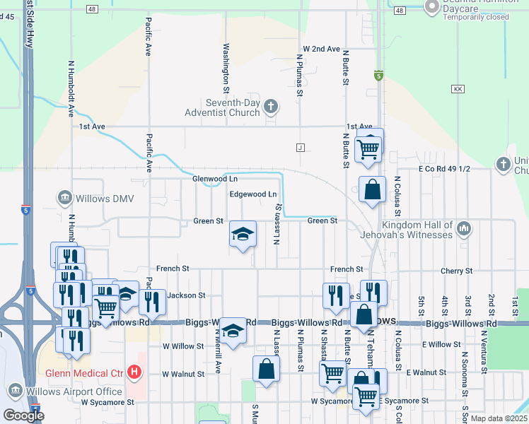 map of restaurants, bars, coffee shops, grocery stores, and more near 812 Madrone Manor in Willows