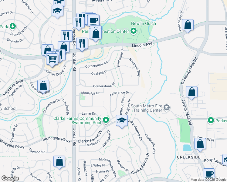 map of restaurants, bars, coffee shops, grocery stores, and more near 10331 Severance Drive in Parker