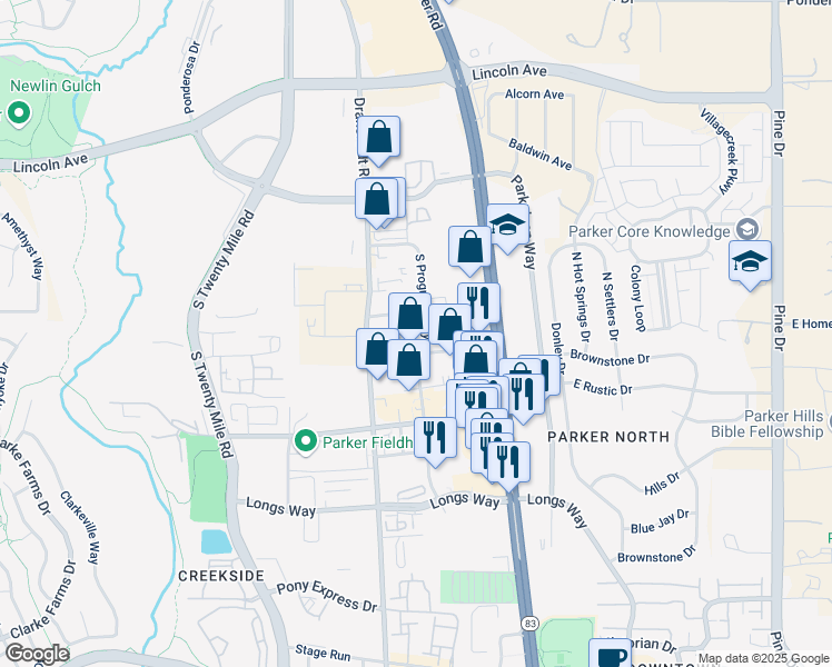 map of restaurants, bars, coffee shops, grocery stores, and more near 10315 South Progress Way in Parker