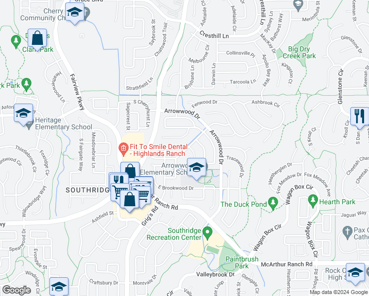 map of restaurants, bars, coffee shops, grocery stores, and more near 4515 East Hunterwood Drive in Highlands Ranch