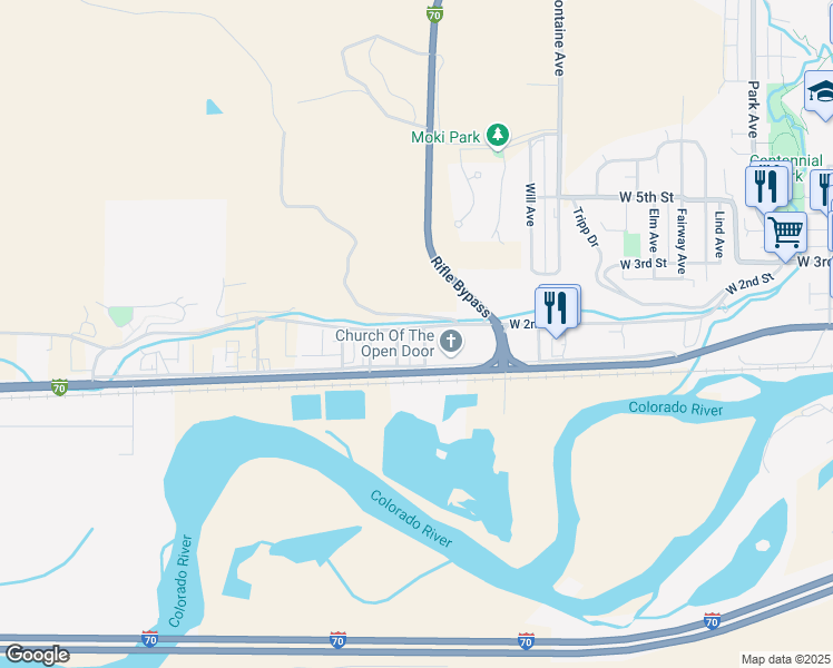 map of restaurants, bars, coffee shops, grocery stores, and more near 153 June Ave in Rifle