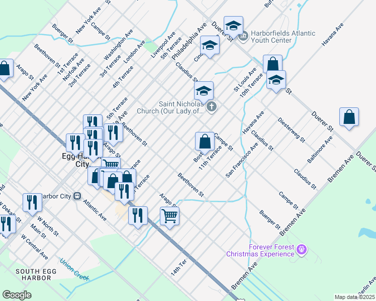 map of restaurants, bars, coffee shops, grocery stores, and more near 358 Saint Louis Avenue in Egg Harbor City