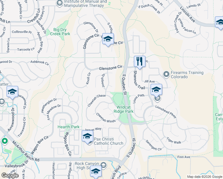 map of restaurants, bars, coffee shops, grocery stores, and more near 5932 Tom Court in Littleton