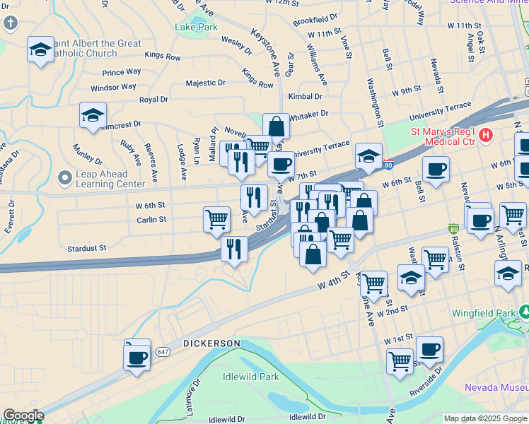 map of restaurants, bars, coffee shops, grocery stores, and more near 1201 Stardust Street in Reno