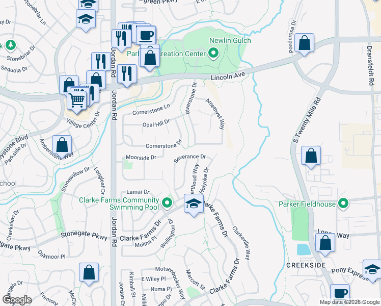 map of restaurants, bars, coffee shops, grocery stores, and more near 10321 Severance Drive in Parker