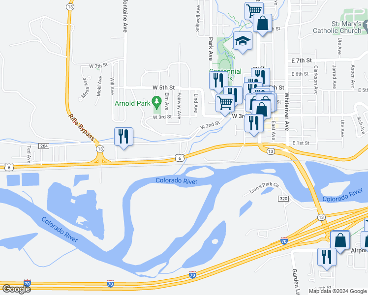 map of restaurants, bars, coffee shops, grocery stores, and more near 755 West 2nd Street in Rifle