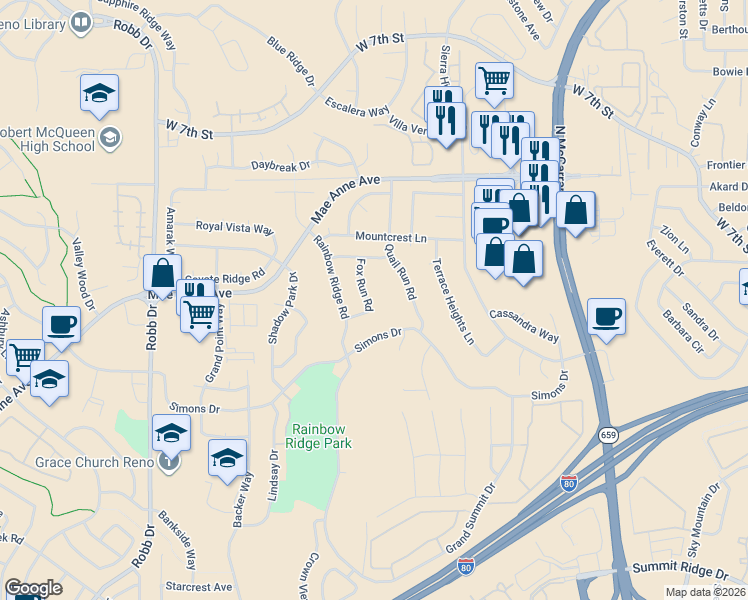 map of restaurants, bars, coffee shops, grocery stores, and more near 1730 Fox Run Road in Reno