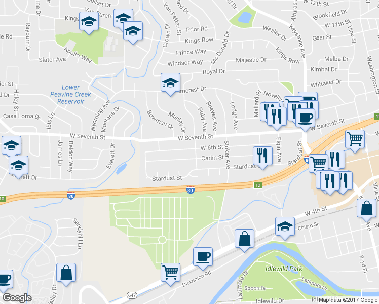 map of restaurants, bars, coffee shops, grocery stores, and more near 1930 W 6th St in Reno