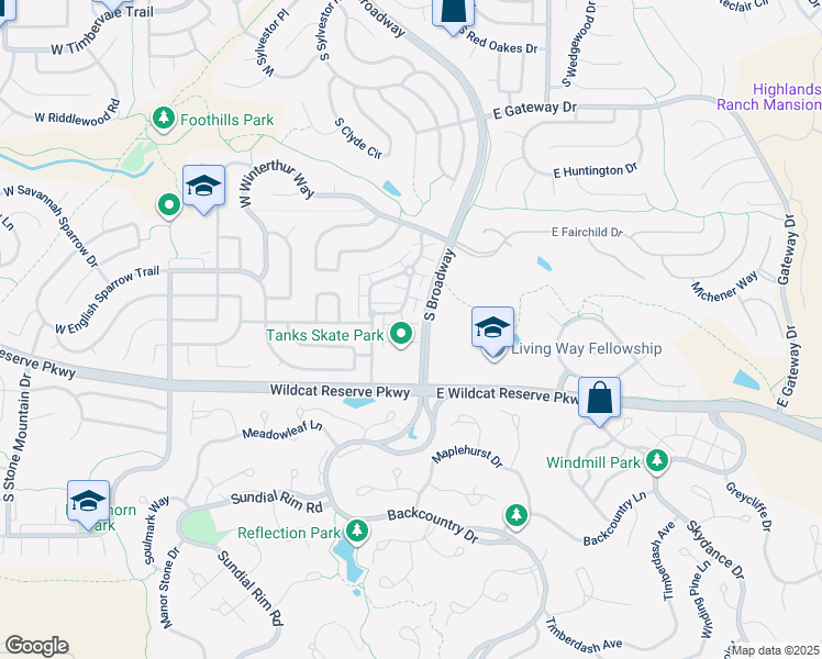 map of restaurants, bars, coffee shops, grocery stores, and more near 10280 Sedge Grass Way in Littleton