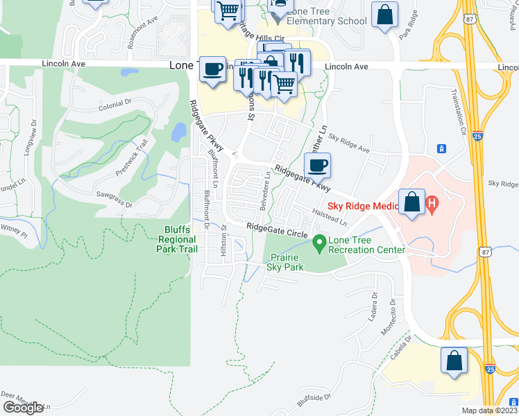 map of restaurants, bars, coffee shops, grocery stores, and more near 10291 Belvedere Lane in Lone Tree