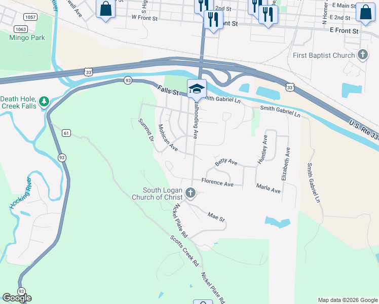 map of restaurants, bars, coffee shops, grocery stores, and more near 990 Mohican Avenue in Logan